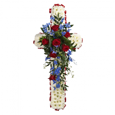 Cross SYM-329 - This classic 120cm cross is made using massed white flowers, complemented with a red and blue spray.
