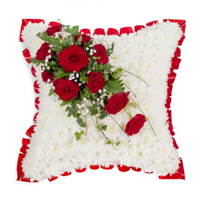 Pillow SYM-333 - Pillows are chosen to signify a final, comfortable resting place and this design with red rose spray is the ideal final tribute.