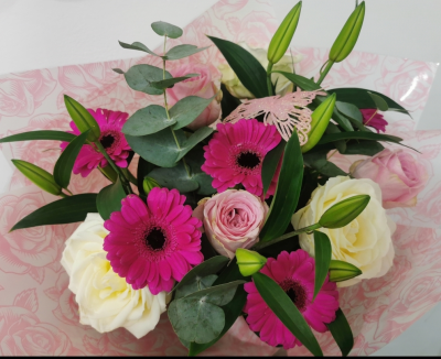 Mother's day rose and lily BQ - A selection of Rose's, Lillie's and Germini gift wrapped. Colours of the flowers may change depending on stock availability.