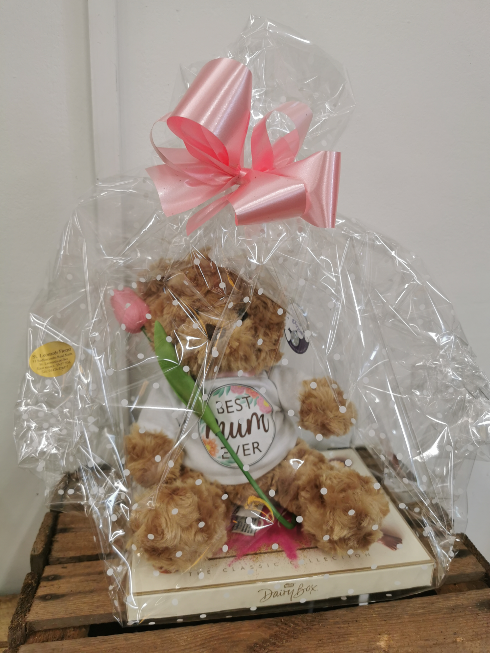 Mother's day bear, chocolates and tulip